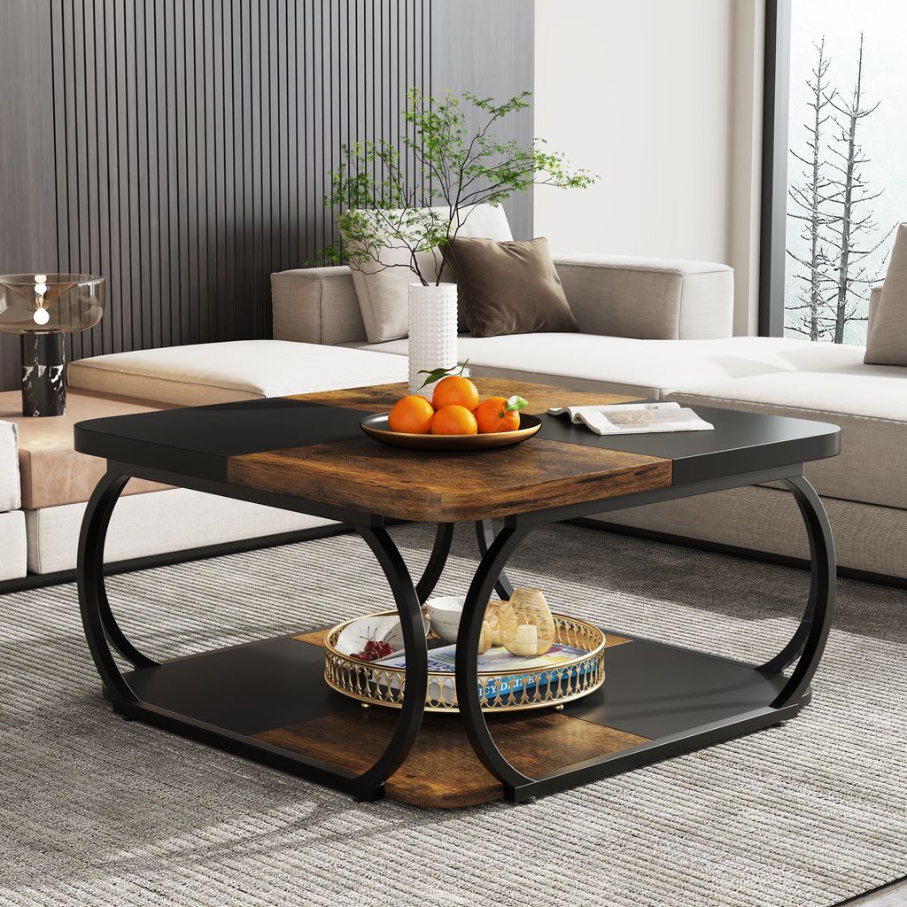 Tribesigns Quadratischer Couchtisch mit 2 Ebenen, 101 cm niedriger Bauernhaus-Couchtisch mit Holzregal für modernes Wohnzimmer, rustikales Braun