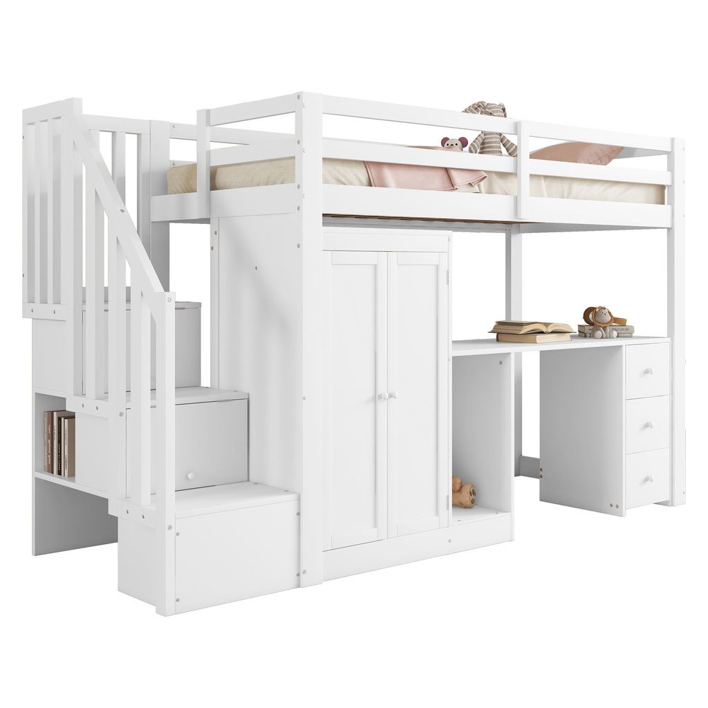 Hochbett, 90x200 cm, Kinderbett mit Lattenrost, Rausfallschutz und Kleiderschrank, Einzelbett, Holzbett aus Kiefer