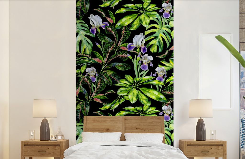 MuchoWow Fototapete für Wohnzimmer oder Schlafzimmer Wandtapete Vinyl Motivtapete Blume - Blätter - Muster - 120x240 cm - Hintergrundbild