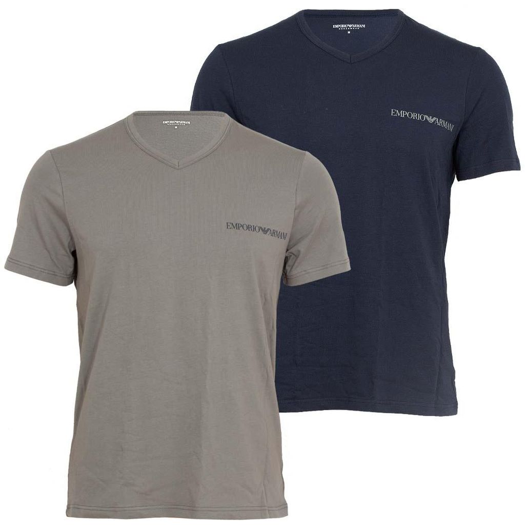 Emporio Armani Herren T-Shirt V-Ausschnitt 2er Pack | Baumwolle & Elasthan Regular Fit EM000392 AF20669 Armani Blue/Grau S