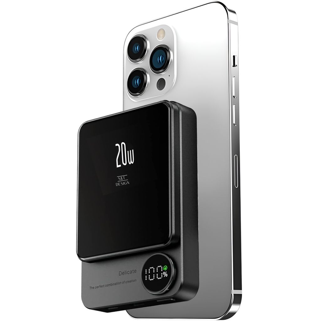 A black magnetic power bank is attached to the back of a silver smartphone.