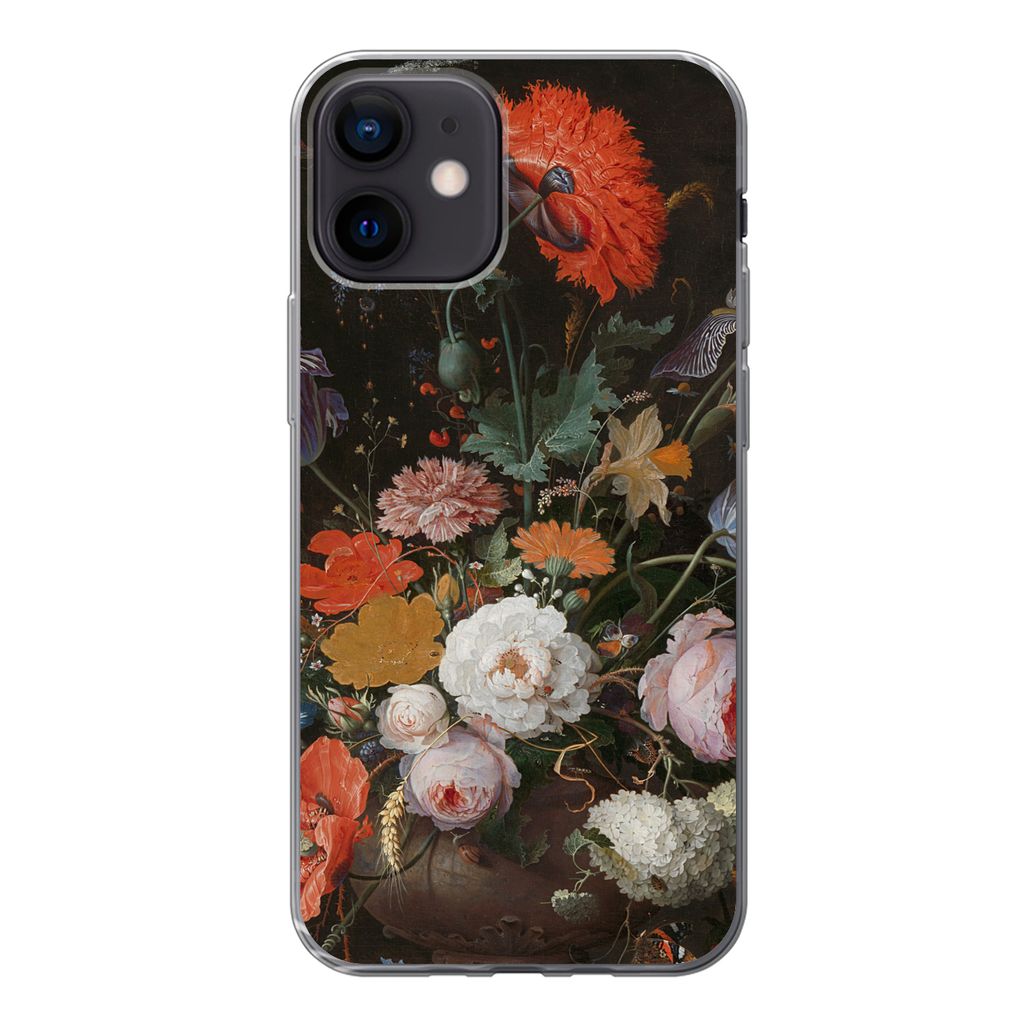 MuchoWow Handyhülle Schutzhülle Hülle für iPhone 12 Stilleben mit Blumen und einer Uhr - Gemälde von Abraham Mignon Silikon Softcase Handy H...