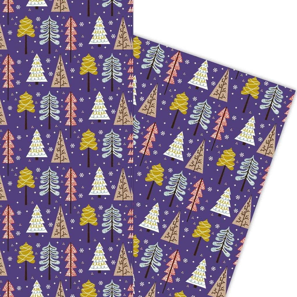 Schönes handgemaltes Retro Weihnachts Geschenkpapier mit Bäumen auf lila - G5971, 32 x 48cm