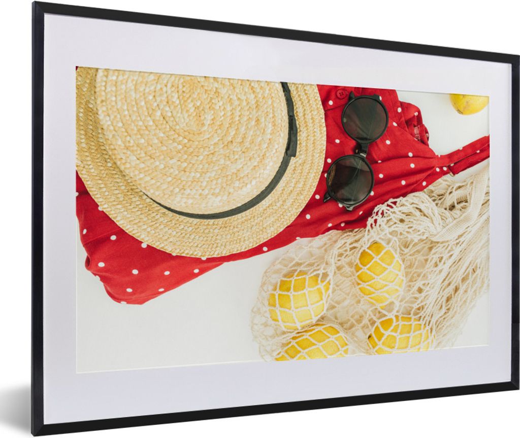 MuchoWow Gerahmtes Poster Sommer - Sonnenbrille - Hut 60x40 cm - Poster mit Schwarzem Bilderrahmen Wandposter Rahmen Foto Bilder - Schlafzimmer -...