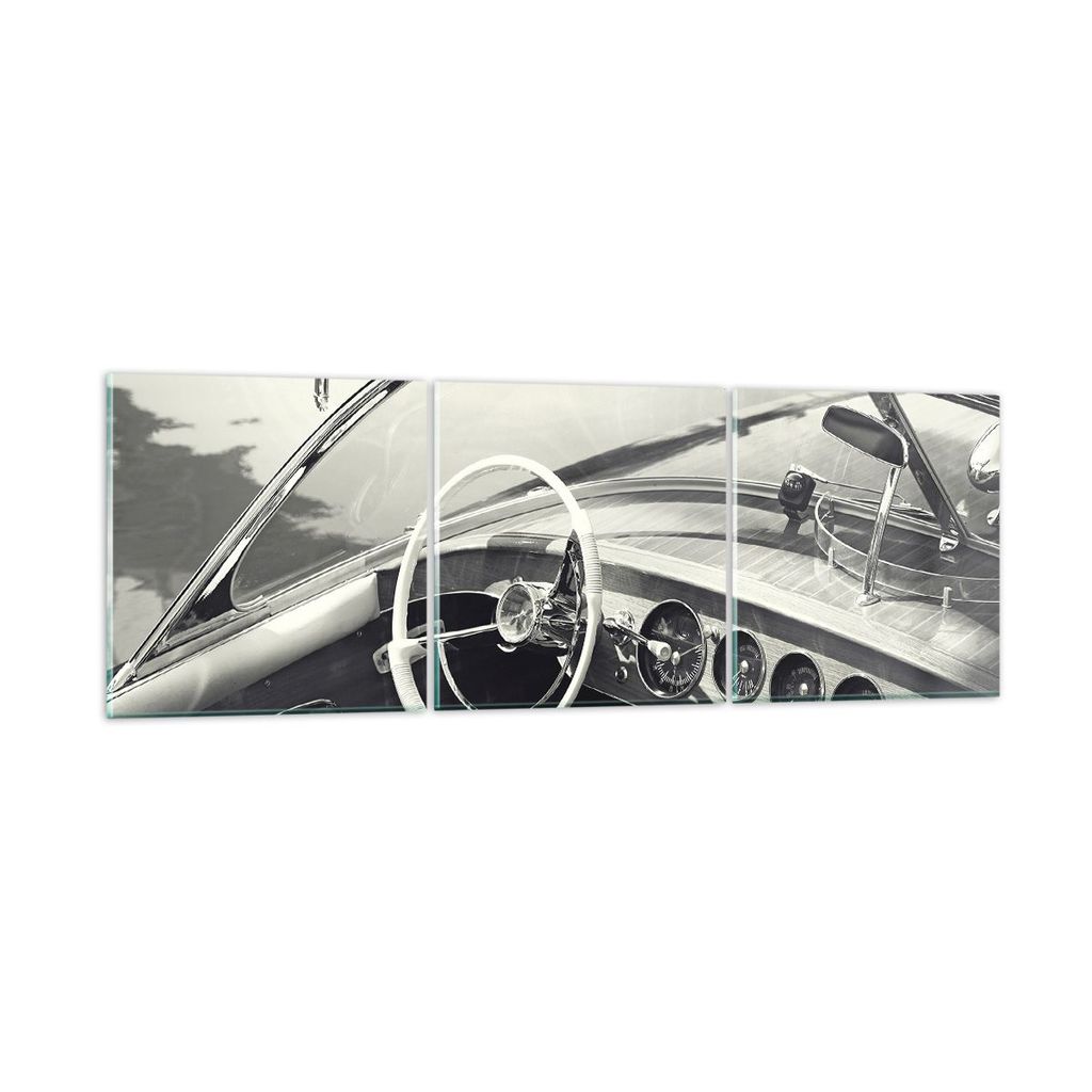 Bilder auf glas - 3 Teile - Luxus Boot Schwarz und Weiß - 90x30cm - Glasbilder - Wandbilder - Bilder - zum Aufhängen bereit - Wanddekoration aus ...