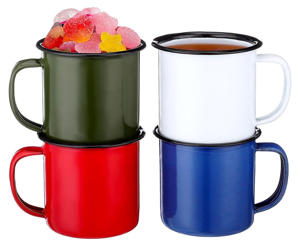 Vintage Emaillebecher 4 Stück Kleine Farbige Trinkbecher aus Emaille mit Hitzebeständigem Griff für Camping und Gemütliche Abende Zuhause
