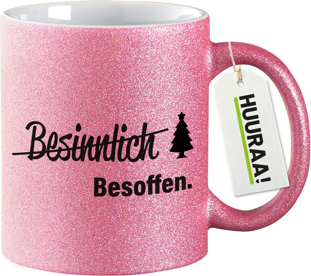 Huuraa Glitzertasse Besinnlich Besoffen Tannenbaum 330ml Pink Keramik Kaffeebecher Geschenkidee