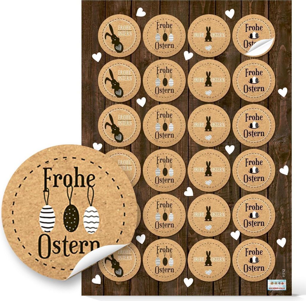 24 Stück runde braun schwarz weiße natur Osteraufkleber Osterhase Hase mit Herz FROHE OSTERN Text selbstklebende Etiketten Ostersticker Kraftpapi...