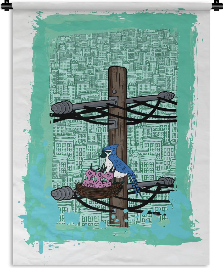 MuchoWow Wandteppich Wandbehang Muttertag Illustration Vogel mit Babies 90x120 cm Tapisserie Dekoration Wandtuch - Wanddeko