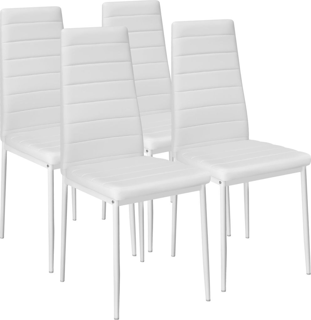 Four white dining chairs are arranged in a row against a white background.