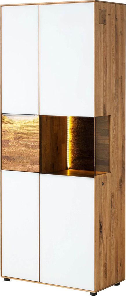 MASSIVMOEBEL24 Schrank Wildeiche 80x43x200 natur geölt / Glas weiß WIEN #140