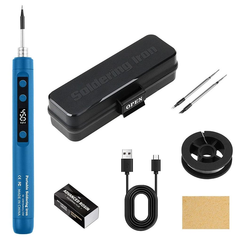 Kabelloser USB Lötkolben mit Akku und LCD Display – Temperatur einstellbar von 180-450°C, inkl. 3 Lötspitzen und Zubehör – Lötset für Ele...