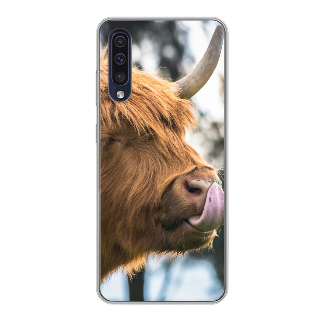 MuchoWow Handyhülle Schutzhülle Hülle für Samsung Galaxy A30s Schottischer Highlander - Nase - Baum Silikon Softcase Handy Hülle - Karteninh...