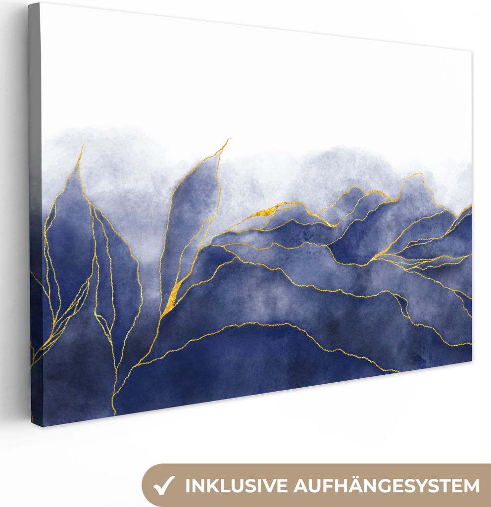 OneMillionCanvasses - Leinwandbilder - 150x100 cm, Marmor - Blau - Marmoroptik - Gold - Textur, Wandbilder Kunstdruck Wanddekoration - Foto auf L...