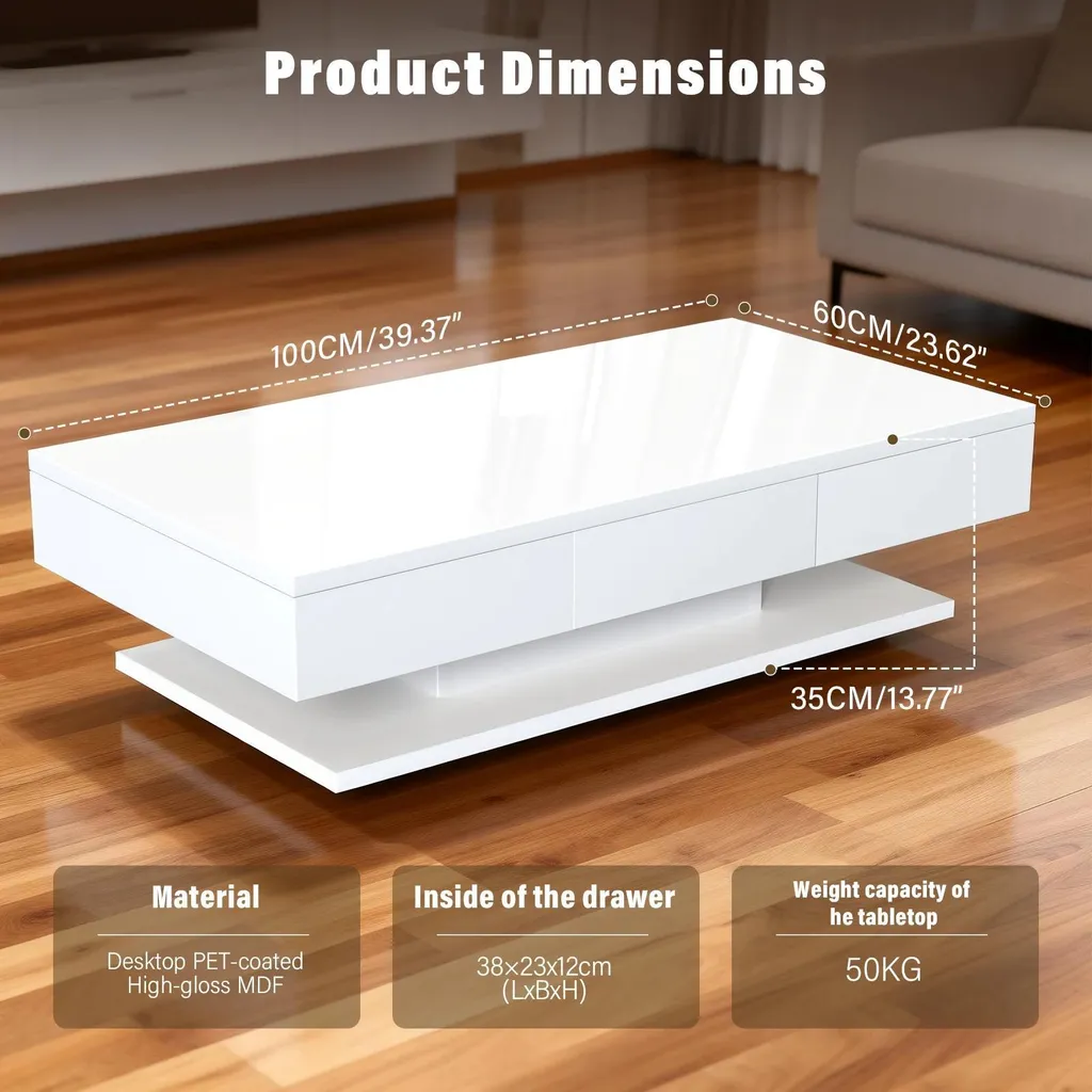 Table basse avec 2 tiroirs de rangement et niche ouverte - Blanc moderne