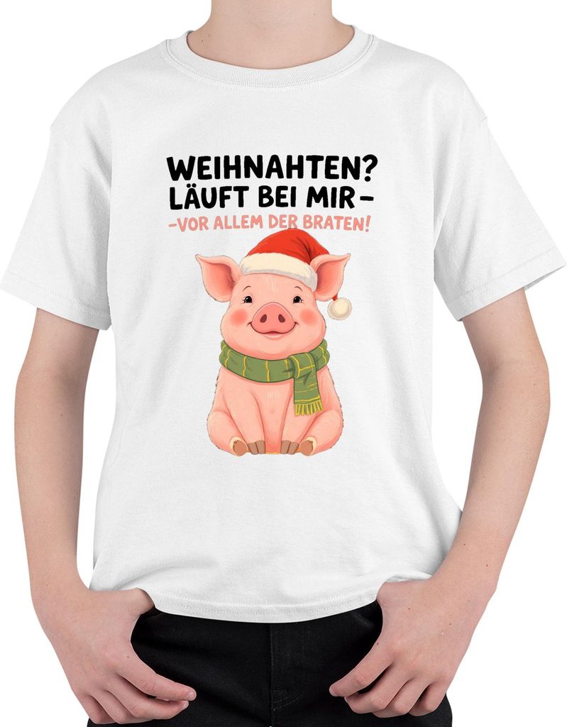 Weihnachten Schwein Ferkel Braten niedlich lustig Geschenk Santa Uni Kinder T-Shirt, Weiß, 152