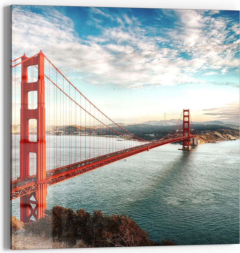 DEQORI Glasbild Echtglas 50x50 cm 'Golden Gate Bridge' Wandbild Bild modern Deko