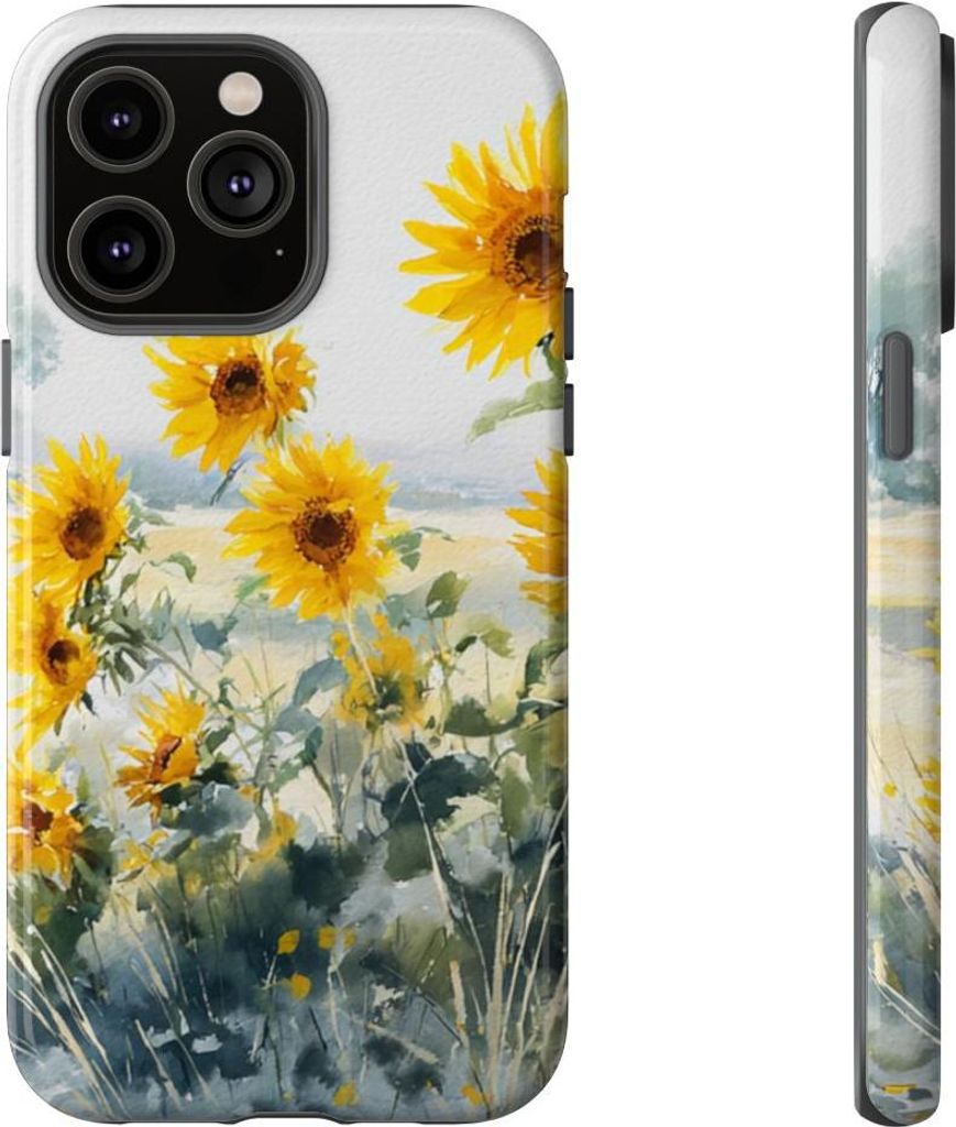 Strahlende Sonnenblumen auf pastellfarbener Landschaft – Hülle Kompatibel mit iPhone 14 Pro Max