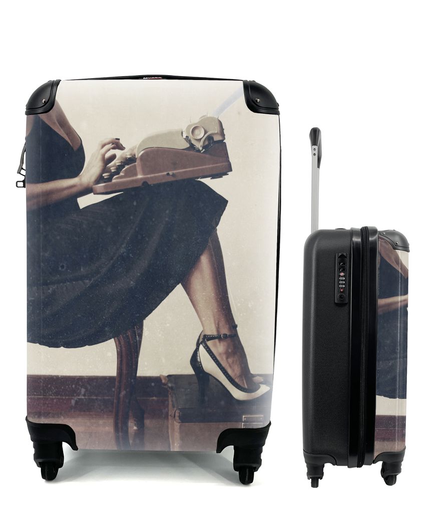 MuchoWow Koffer Handgepäck Trolley Rollkoffer Kleine Reisekoffer mit 4 Rollen - Schreibmaschine - Vintage - Frau - Cabin Size < 55x40x23 cm & 55...