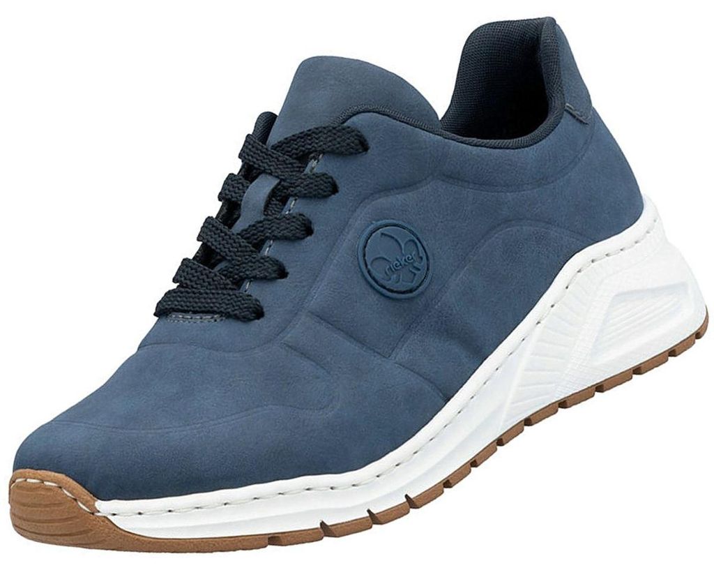 Auf dem Bild ist ein blauer Freizeitschuh zu sehen der von der Seite betrachtet wird. Der Schuh hat eine sportliche Form und eine auffällige Schnürung.