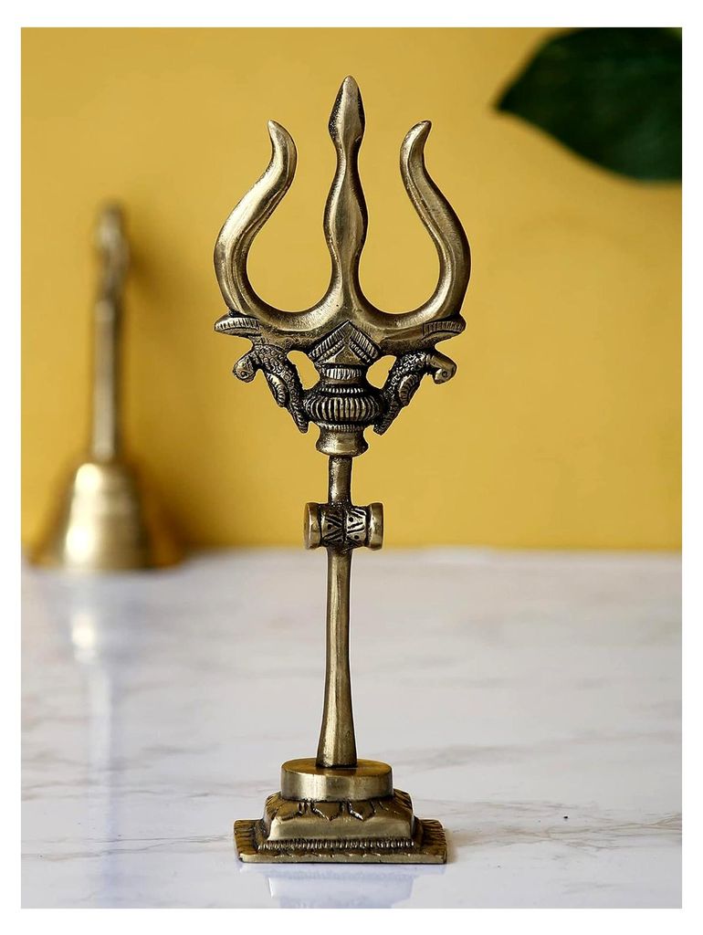 Goldene Messingstatue von Lord Shiva mit Trishul und Damru auf Ständer für Zuhause, Pooja-Raum, Büroschutz, Wohlstand und Erfolg