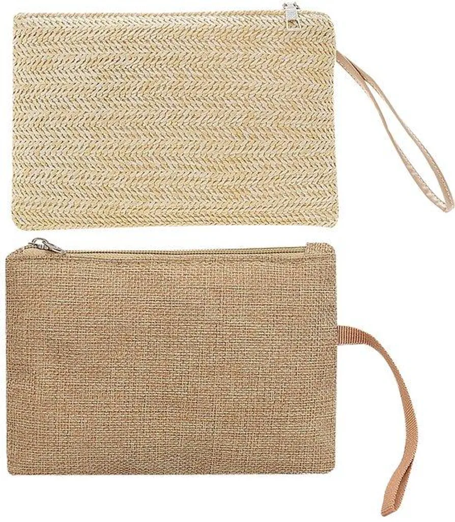 Pochette en paille beige et sac fourre-tout kaki bohème avec zip sécurisé