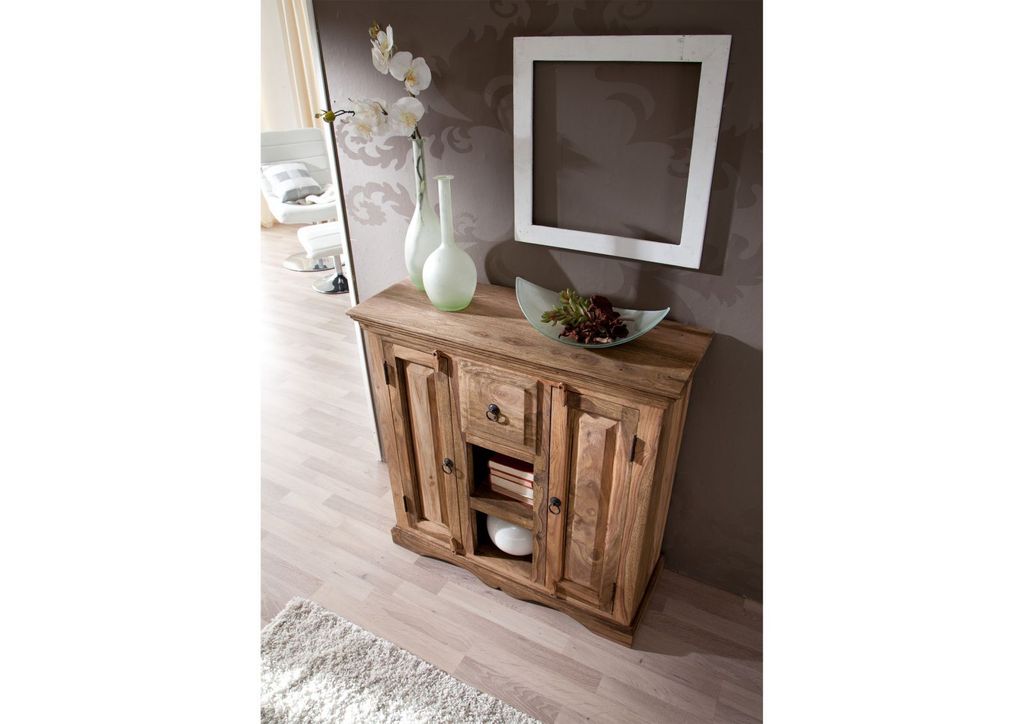 MASSIVMOEBEL24 Sideboard Sheesham 87x32x85 grau geölt LEEDS #45