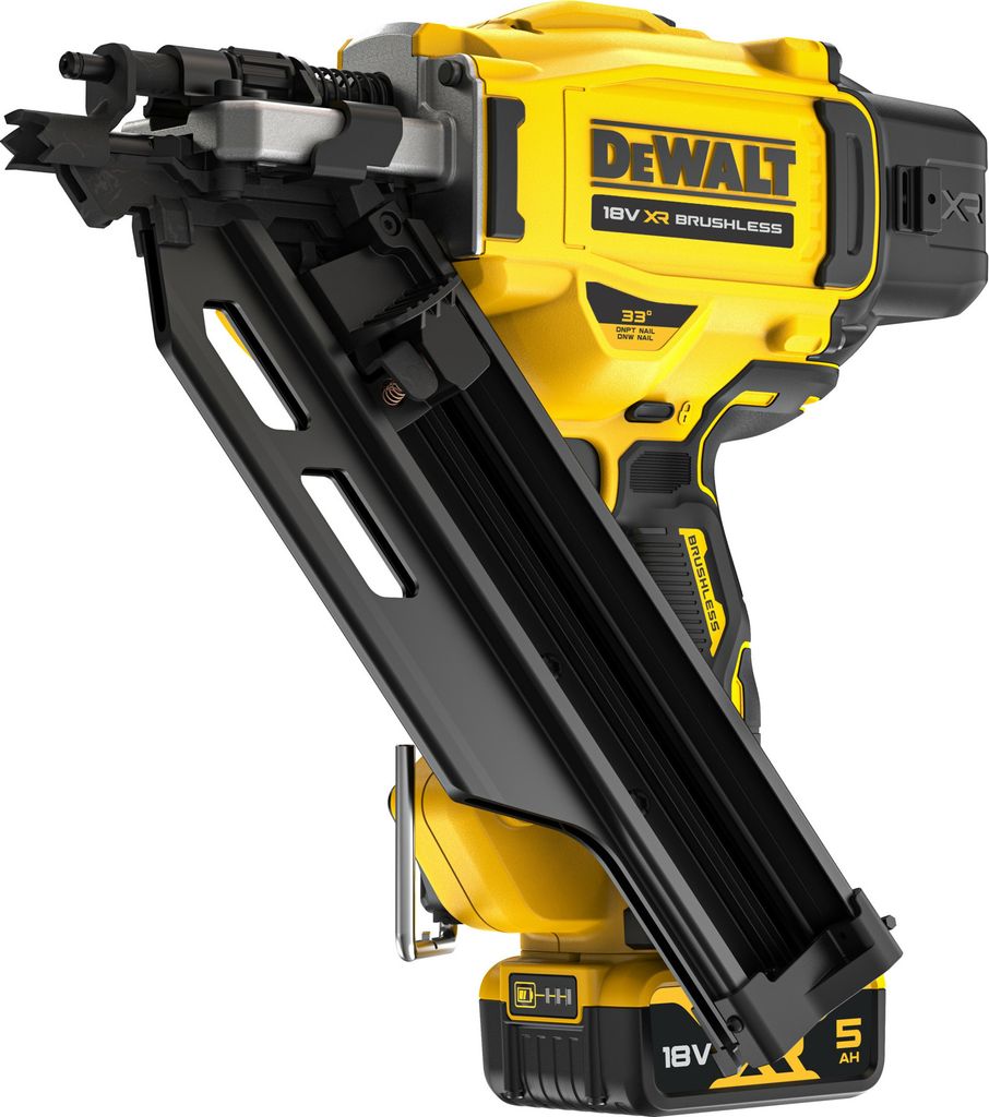 A yellow and black DeWalt cordless nail gun is shown against a white background.