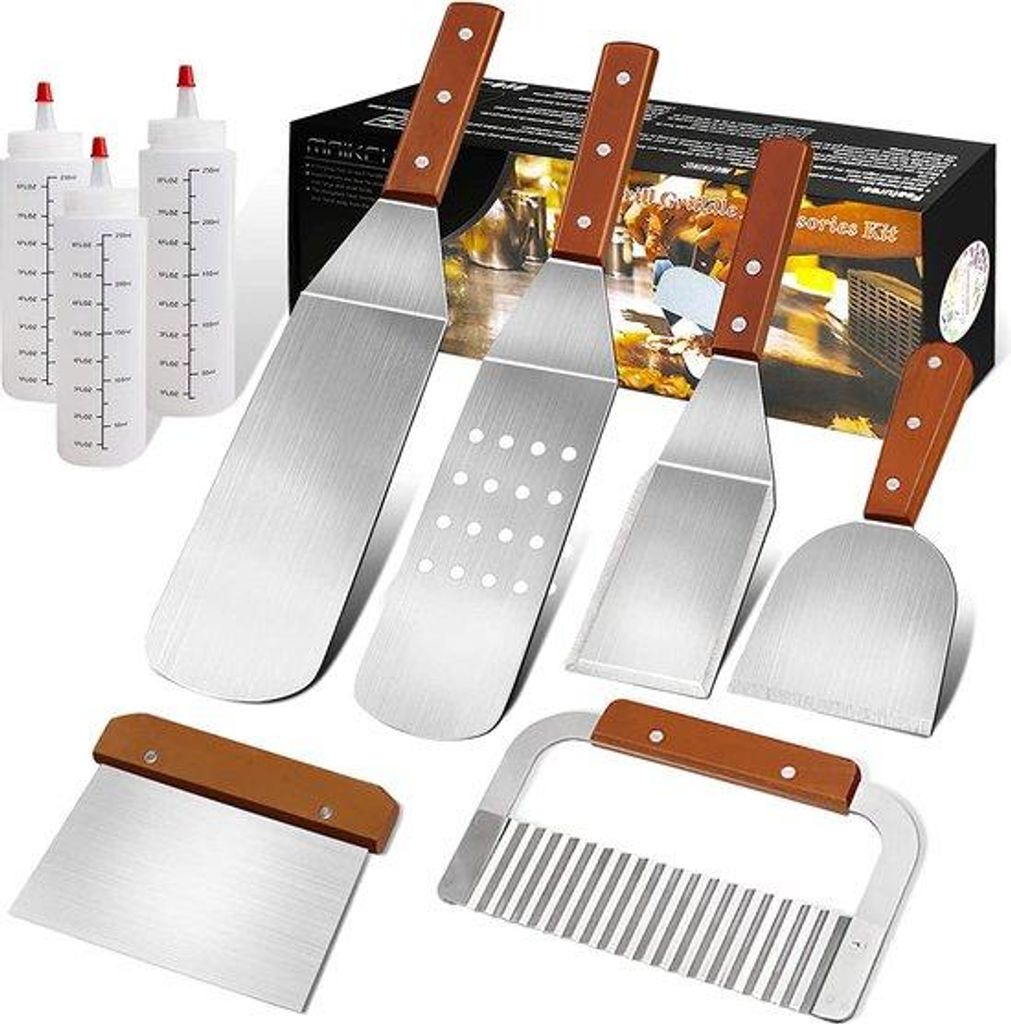 9-teiliges Oversized Edelstahl Grillzubehör Set mit Spateln, Wender, Schabern für Teppanyaki & Grillplatten