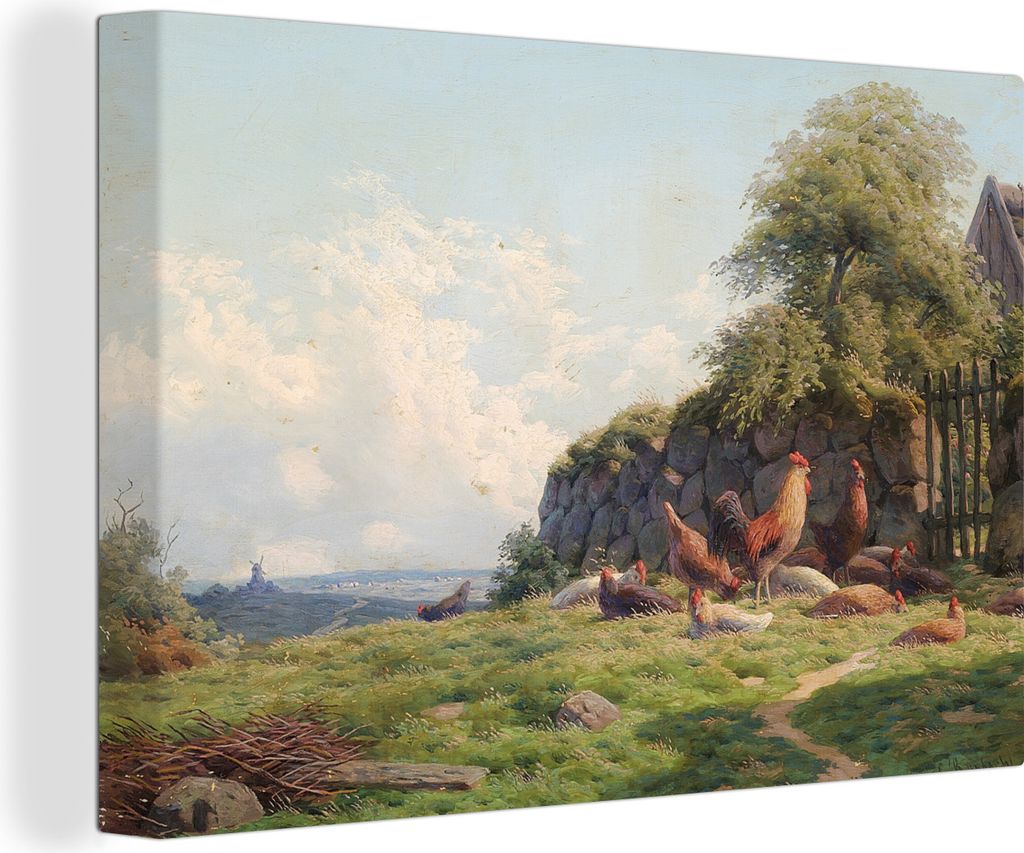 OneMillionCanvasses - Leinwandbilder - 140x90 cm, Hühner vor einer Steinmauer vor einem reetgedeckten Bauernhaus - Gemälde von Carl Bartsch, Wa...