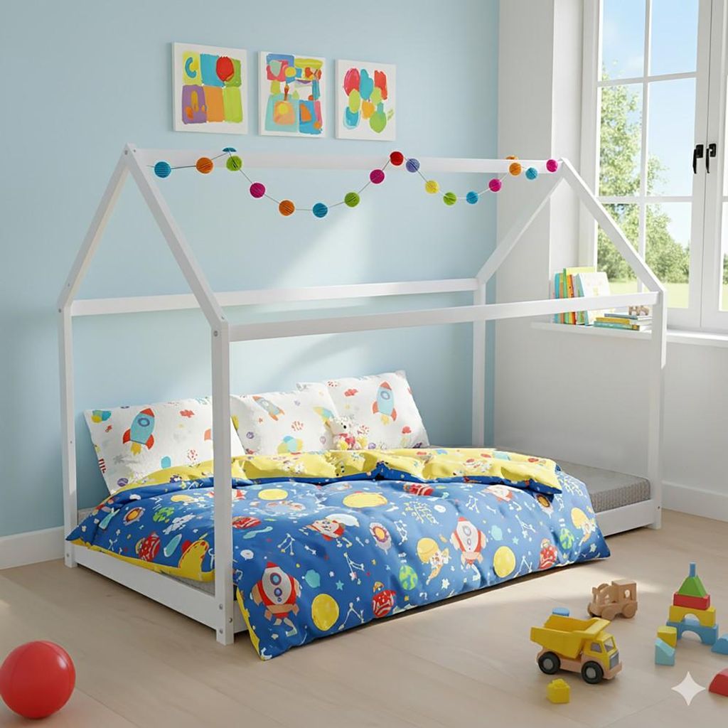 Hausbett PANDA mit Lattenrost / Kinderbett 90x200 cm - Weiß
