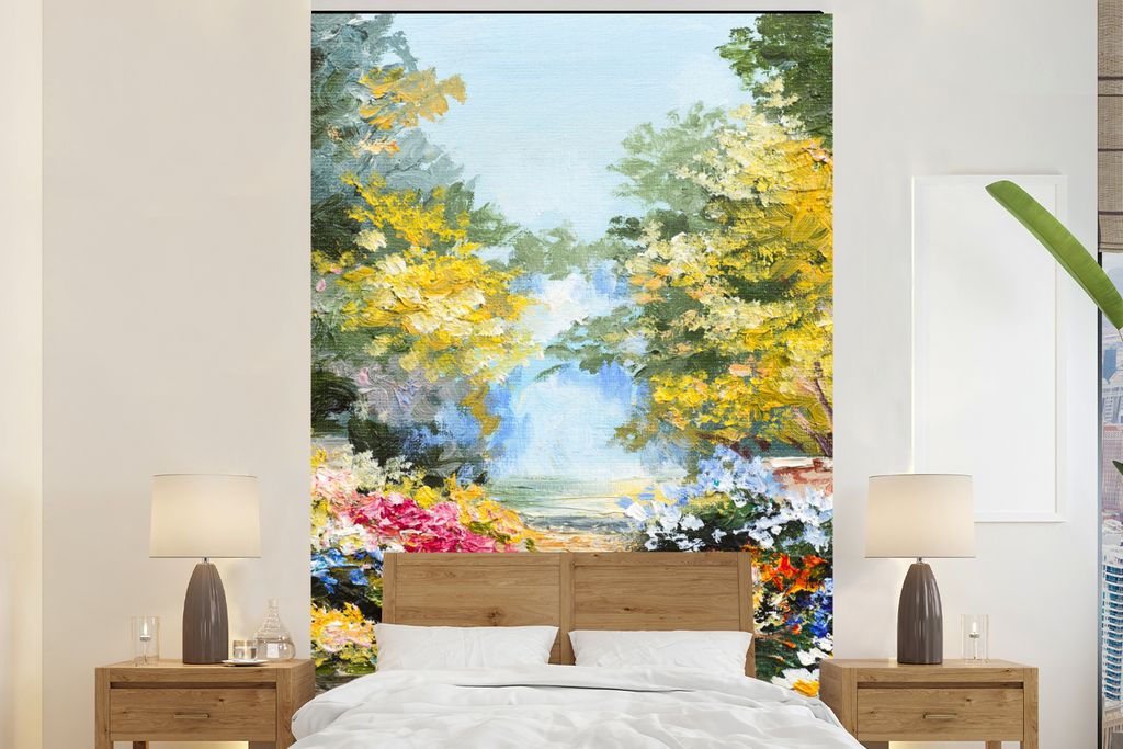 MuchoWow Fototapete für Wohnzimmer oder Schlafzimmer Wandtapete Vinyl Motivtapete Malerei - Blumen - Natur - Ölfarbe - 180x280 cm - Wallpaper