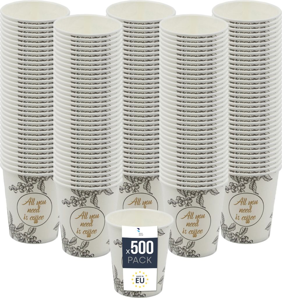 BenBow Kaffeebecher 180 ml x 500, Pappbecher zum Mitnehmen, Einwegbecher für Unterwegs, All You Need Is Coffee, Kaffee Becher für Büro und Kaffe...