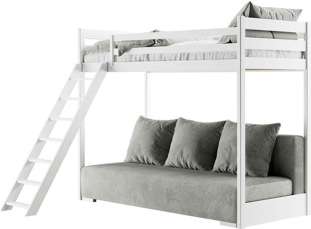 FURNLUX Bunk Bed Sofino Grau Und Weiss 90x200cm / Hauptfarbe: Weiß / Abmessungen: 96 x 208 x 170 cm