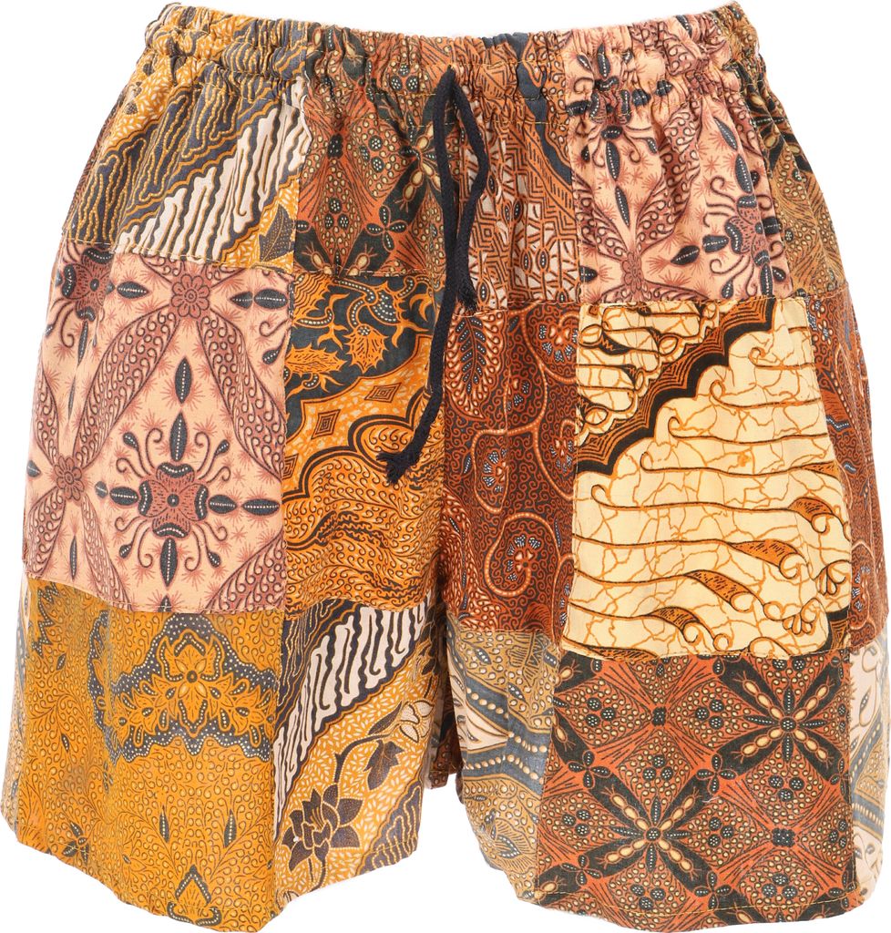 Ethno Patchwork Yogashorts, Upcycling Strandshorts, Uni - Braun/curry, Damen, Baumwolle, Shorts, Leggings