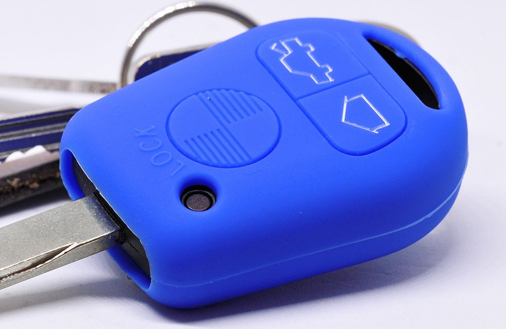 Auto Schlüssel Hülle Silikon Schutz Cover Blau kompatibel mit BMW E36 E39 E34 E38 3er 5er 7er E32 8er E31 3 Tasten Funk Fernbedienung