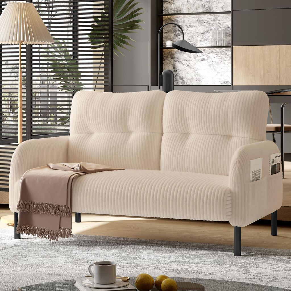 LVHOM 2-Sitzer Sofa mit Metallsockel, Doppelsofa Cordstoff mit Seitentaschen, Polstersofa Stoffsofa Sitzmöbel Loungesofa, 120x79x75cm, Beige