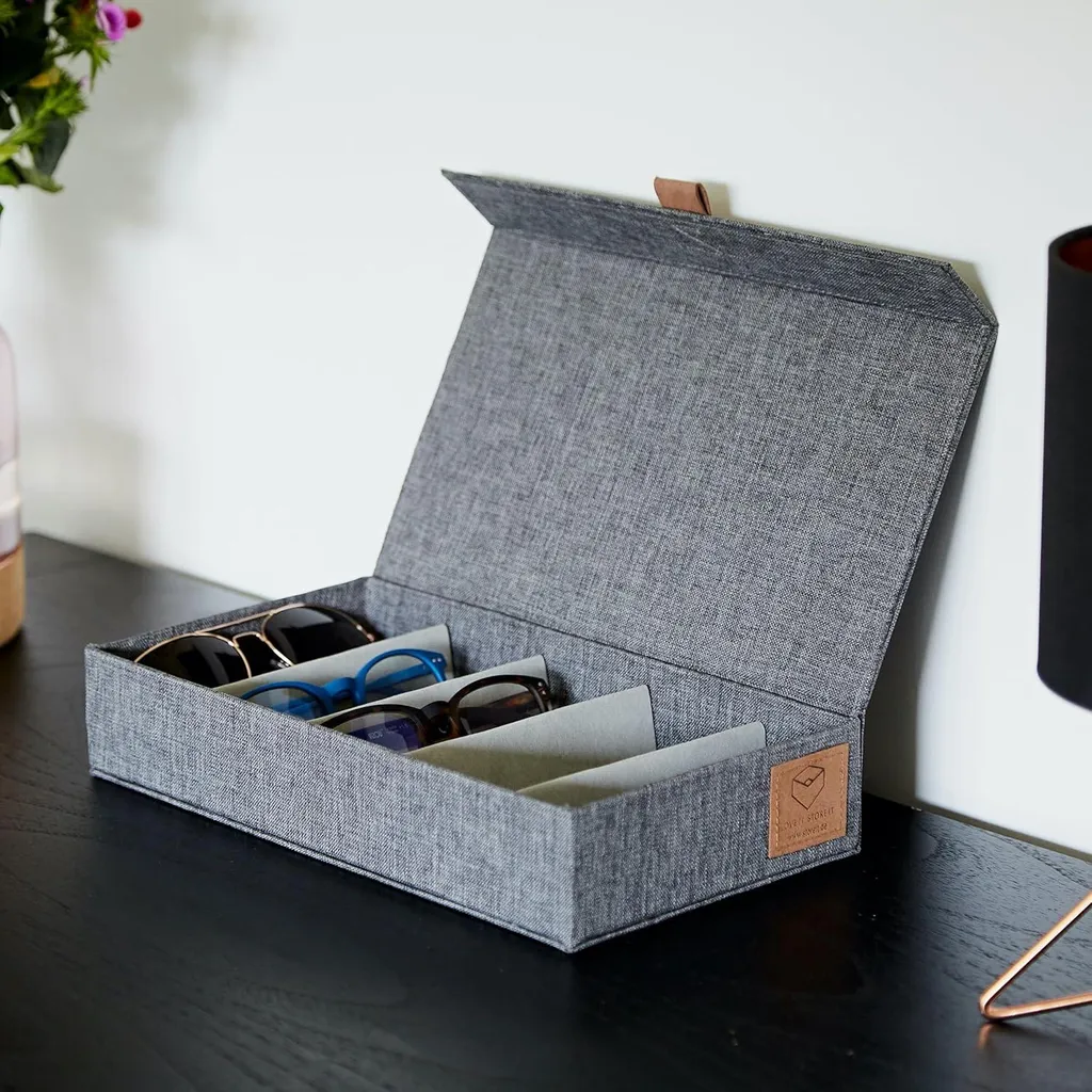 Boîte à lunettes 5 cases en tissu premium gris - Protection douce