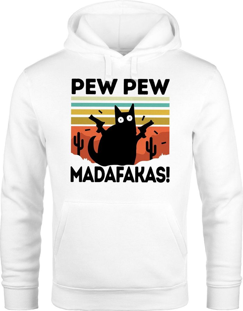 Hoodie Herren Pew Pew Madafakas! schwarze Katze Spruch Meme lustig Kapuzen-Pullover Moonworks weiß M