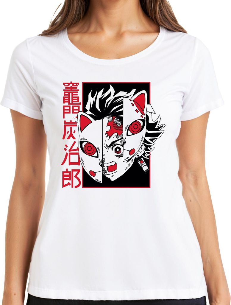 Tanjiro Kamado Kimetsu no Yaiba Fuchsmaske Anime Geschenk Damen T-Shirt, Weiß, 3XL
