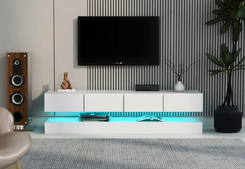Support TV suspendu blanc avec éclairage LED et 4 grands tiroirs - 3