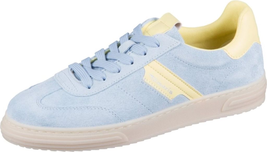 A single blue and yellow sneaker is shown against a white background.