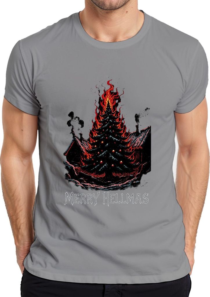 Merry Hellmas brennender Weihnachtsbaum Feuer düster Gothic Herren T-Shirt, Grau, XL