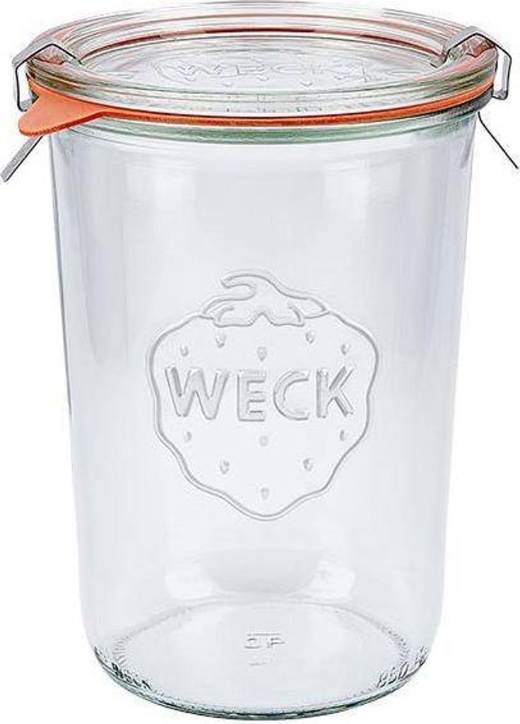 A clear glass jar with an orange rubber seal and metal clips, featuring the embossed 'WECK' logo in the shape of a strawberry.