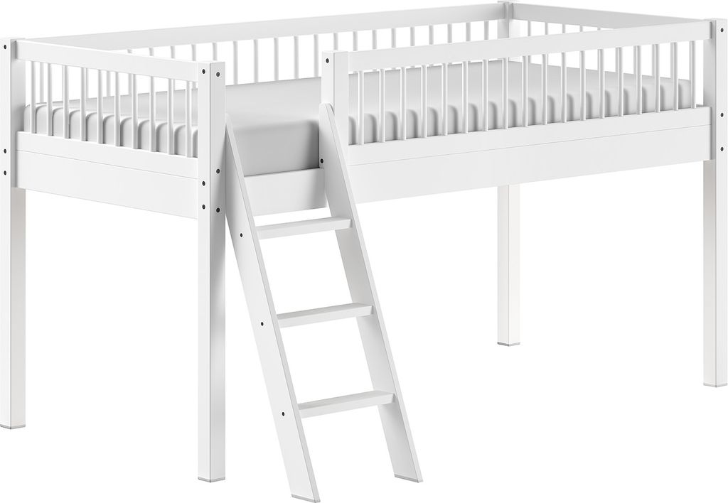 Hochbett >Buche Massiv< Rollrost, 90x200cm, Buche massiv weiß - 207,5x114x97,5 (BxHxT)