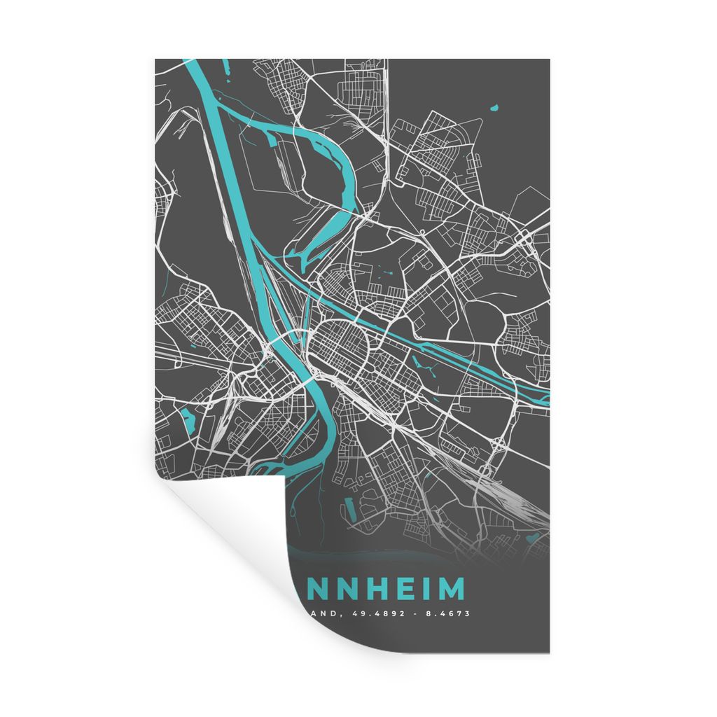 MuchoWow Wandtattoo Wandsticker Wandaufkleber Deutschland - Blau - Mannheim - Stadtplan - Karte 40x60 cm Selbstklebend und Repositionierbar - Wie...
