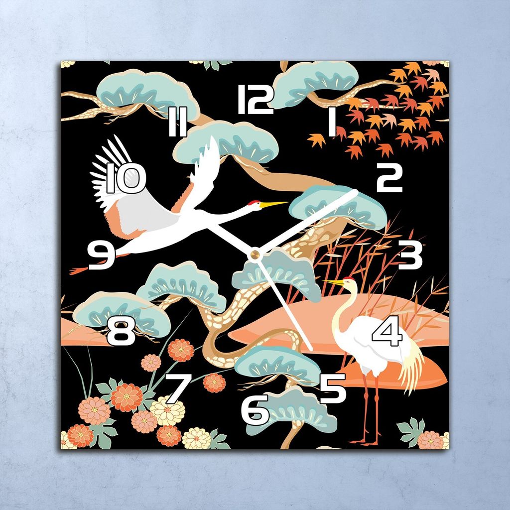 Deko Glasuhr Wanduhr 30x30 Chinoiserie Kranich Quarz Küchenuhr Bürouhr