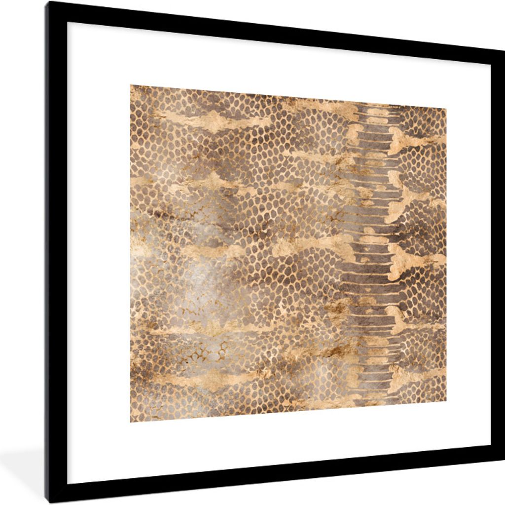 MuchoWow Gerahmtes Poster Tiermuster - Schlange - Gold - Luxus 40x40 cm - Poster mit Schwarzem Bilderrahmen Wandposter Rahmen Foto Bilder - Poste...