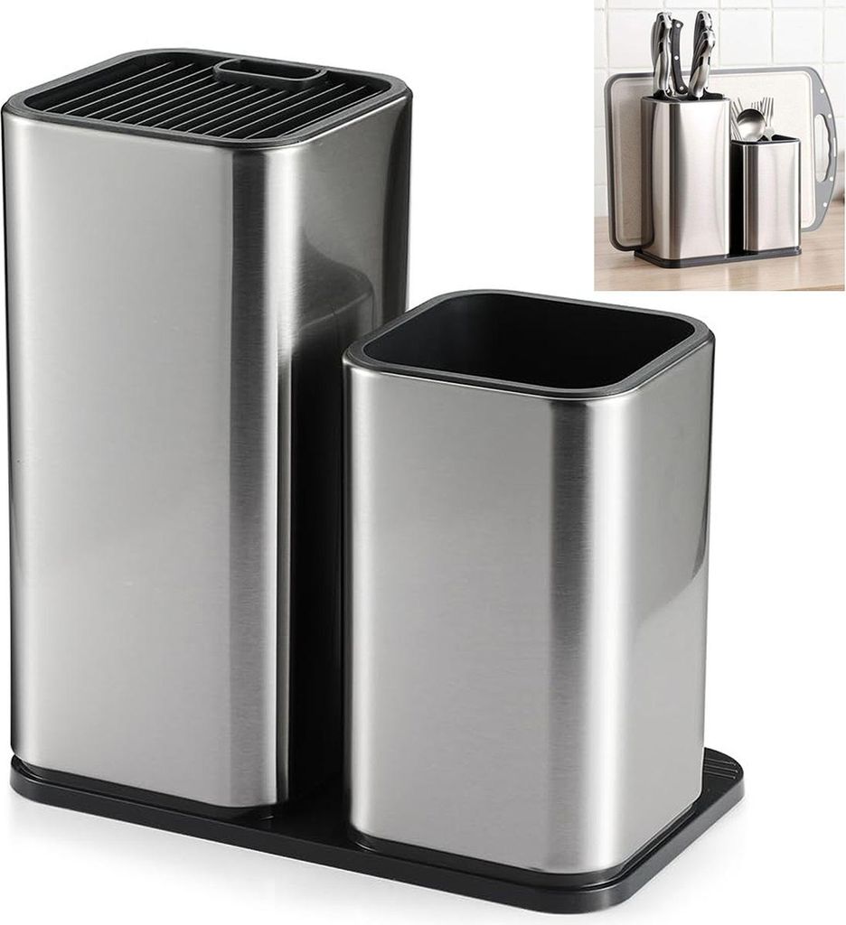 Edelstahl Messerhalter,2 in 1 Universal Messerblock Ohne Messer Edelstahl Messer Schere Organizer Eimer,22*23cm,Silber
