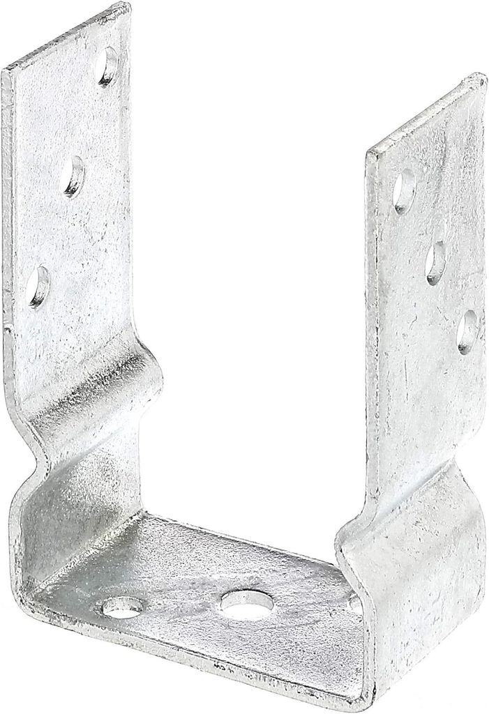 A U-shaped metal bracket for mounting a post.